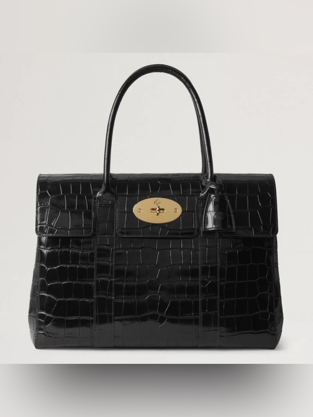 Mulberry Bayswater Small Black shiny Croc-Embossed Top-Handle Purse.